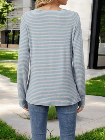 Striped Long Sleeve Henley Top with Button Details