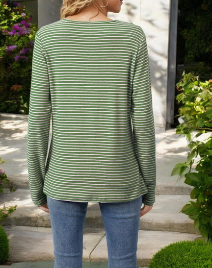 Striped Long Sleeve Henley Top with Button Details