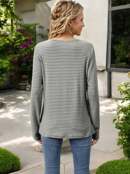 Striped Long Sleeve Henley Top with Button Details