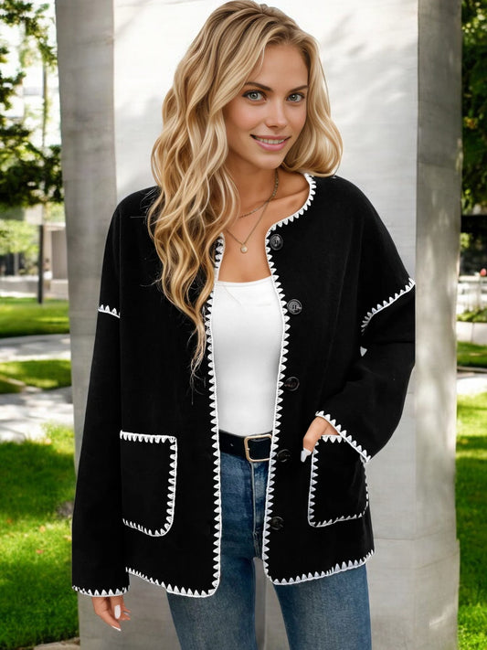 Contrast Trim Button-Up Cardigan with Front Pockets