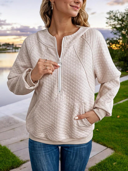 Quilted Half-Zip Pullover Sweatshirt with Front Pocket