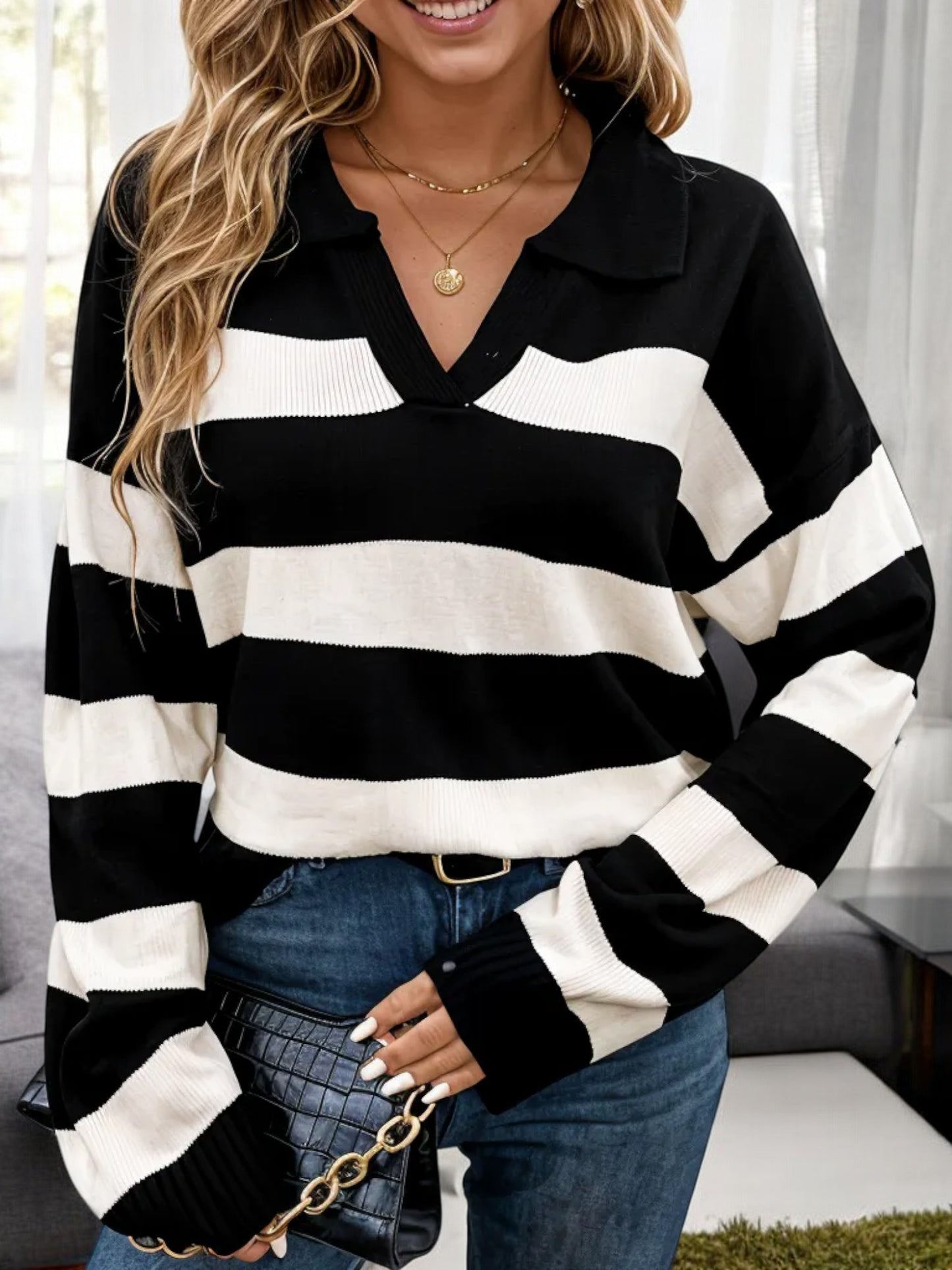 Striped Collared Long Sleeve Sweater with V-Neckline