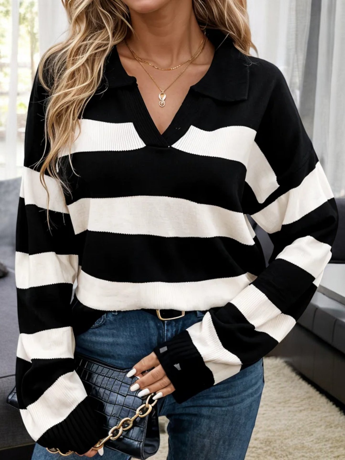 Striped Collared Long Sleeve Sweater with V-Neckline