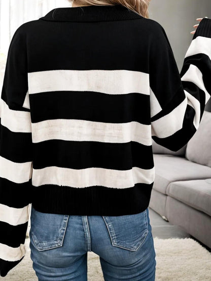 Striped Collared Long Sleeve Sweater with V-Neckline