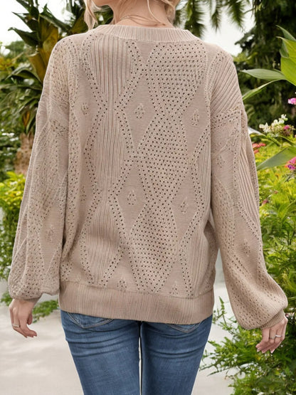 Textured Knit Sweater with Balloon Sleeves and Crew Neck