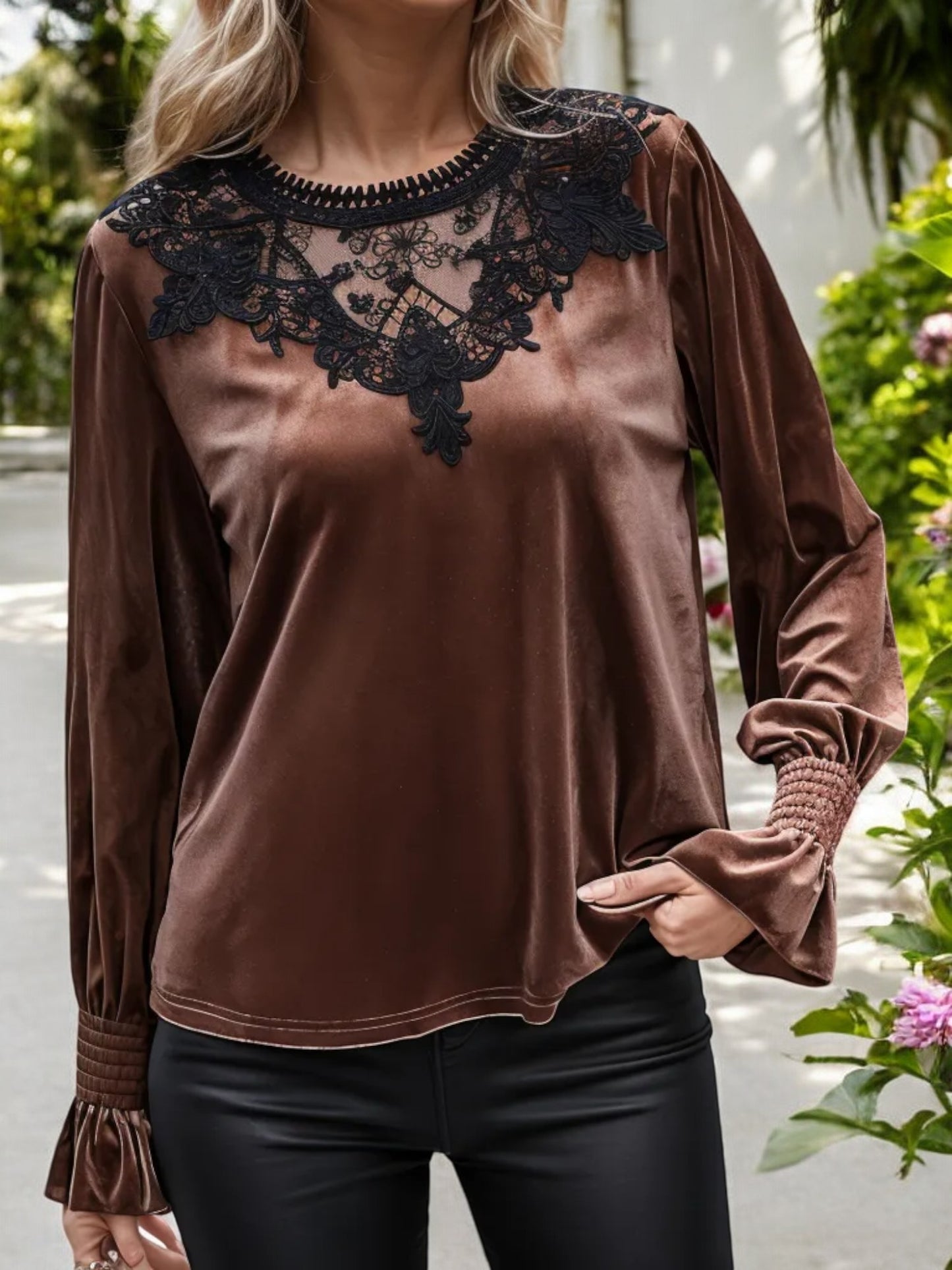 Velvet Long Sleeve Top with Lace Yoke and Smocked Cuffs