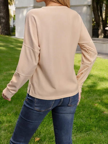 Casual Long Sleeve Henley Top with Button Placket