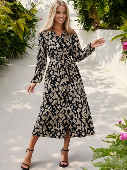 Long Sleeve Animal Print Midi Dress with Tie Waist