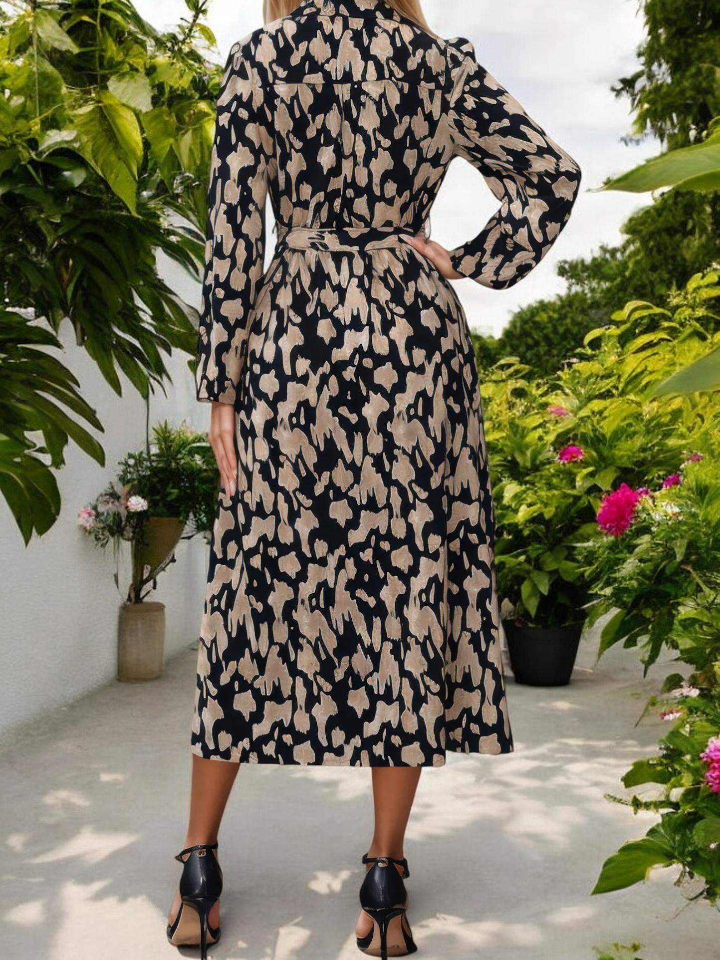 Long Sleeve Animal Print Midi Dress with Tie Waist