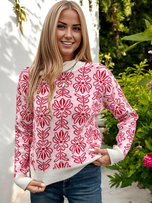 Floral Patterned Knit Sweater with Contrast Trim