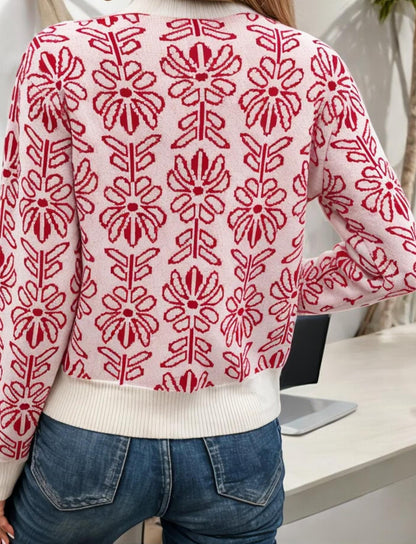 Floral Patterned Knit Sweater with Contrast Trim