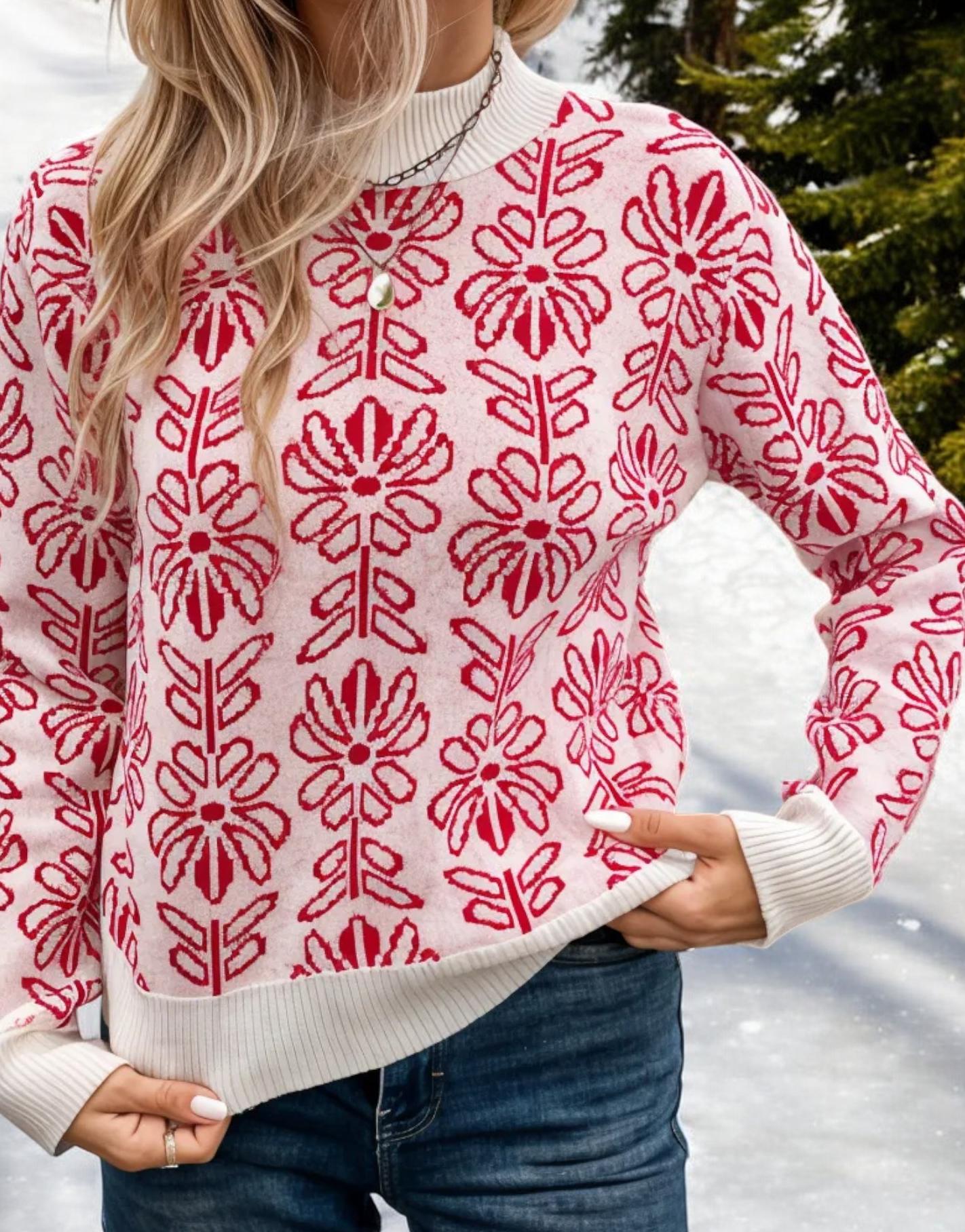 Floral Patterned Knit Sweater with Contrast Trim