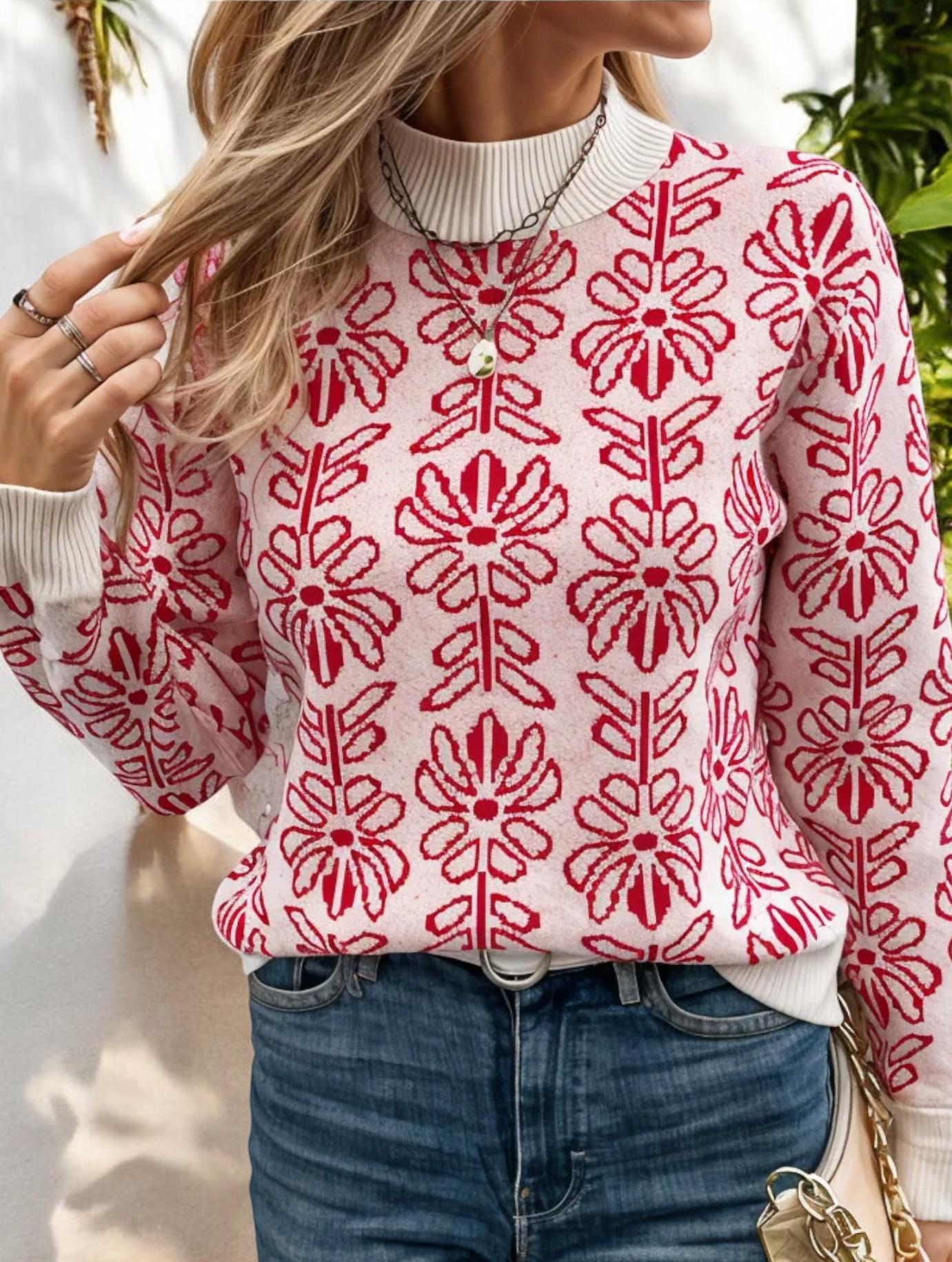 Floral Patterned Knit Sweater with Contrast Trim