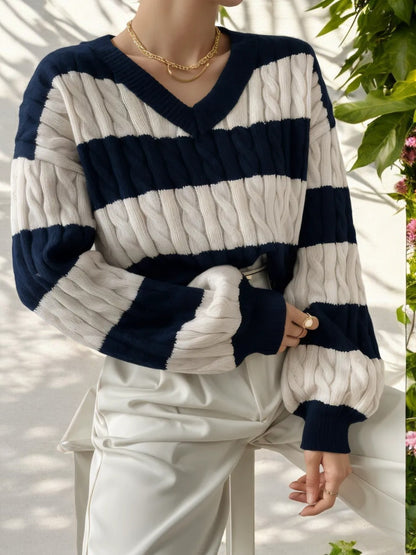 Chunky Striped Cable Knit Sweater with V-Neckline