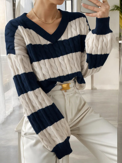 Chunky Striped Cable Knit Sweater with V-Neckline