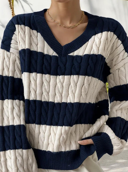 Chunky Striped Cable Knit Sweater with V-Neckline