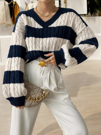 Chunky Striped Cable Knit Sweater with V-Neckline