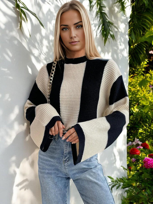 Bold Striped Knit Sweater with Bell Sleeves and Crew Neck