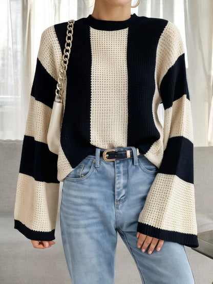 Bold Striped Knit Sweater with Bell Sleeves and Crew Neck