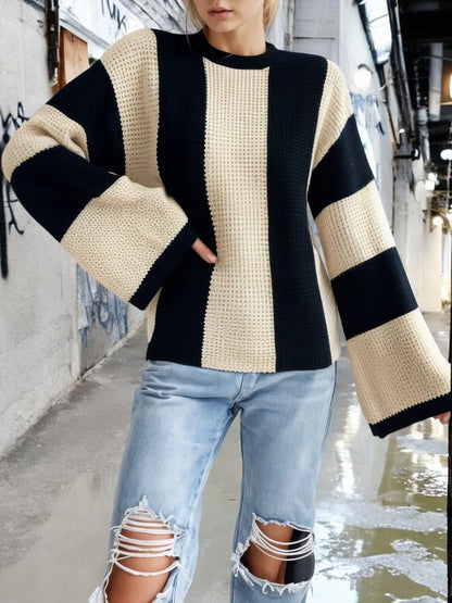 Bold Striped Knit Sweater with Bell Sleeves and Crew Neck