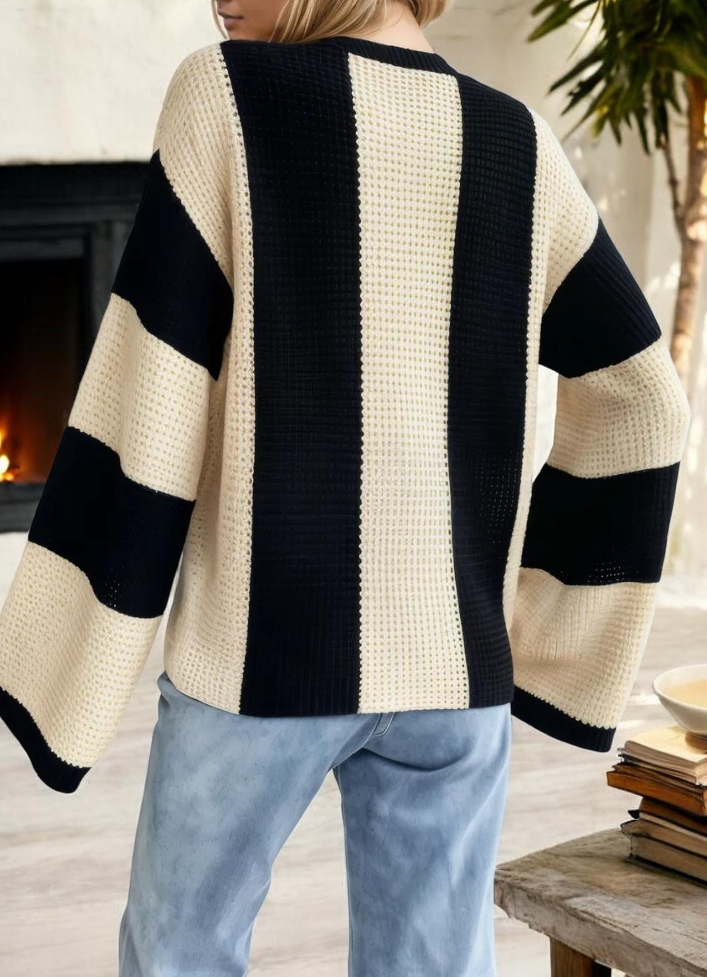 Bold Striped Knit Sweater with Bell Sleeves and Crew Neck