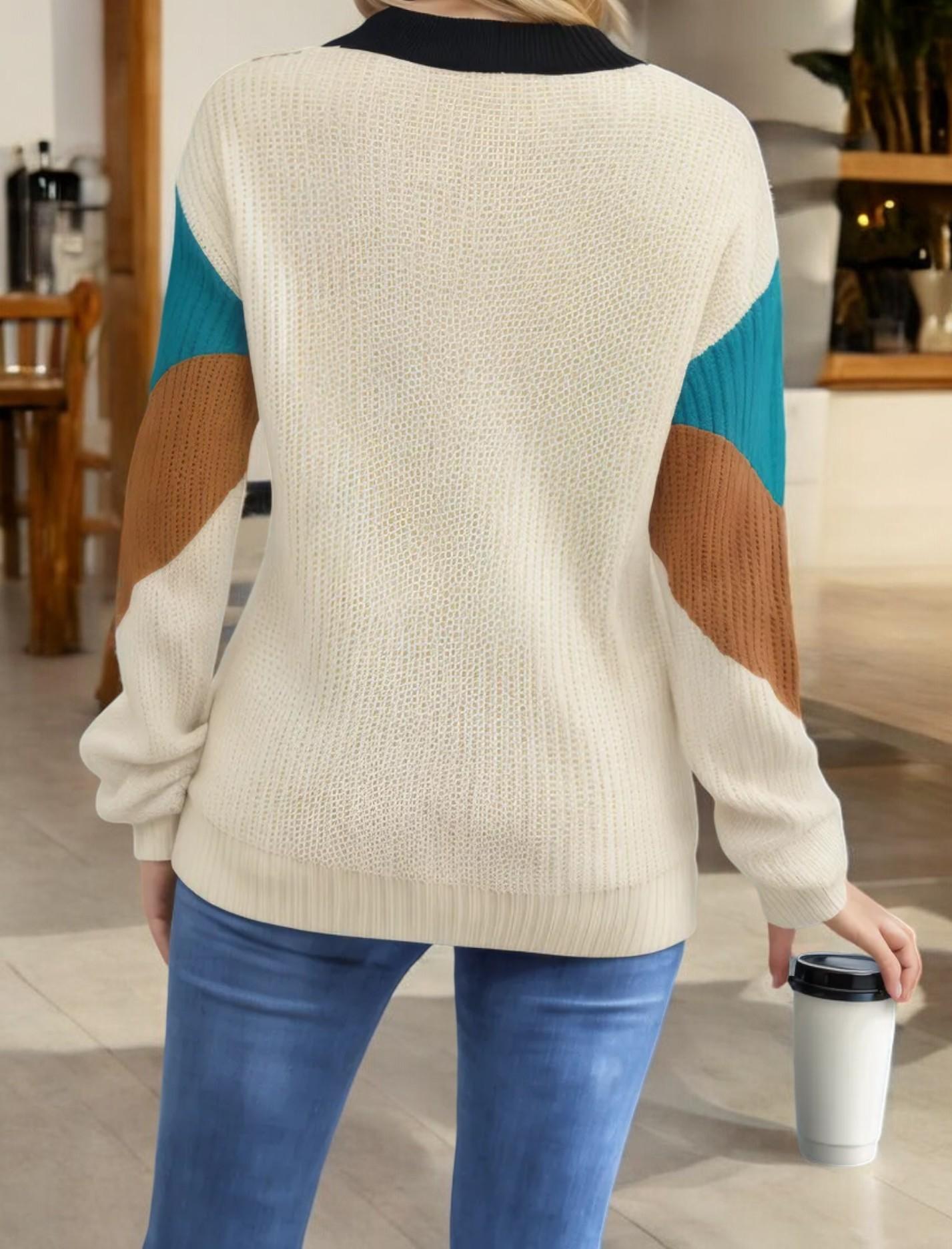 Colorblock Chevron Knit Sweater with Crew Neck