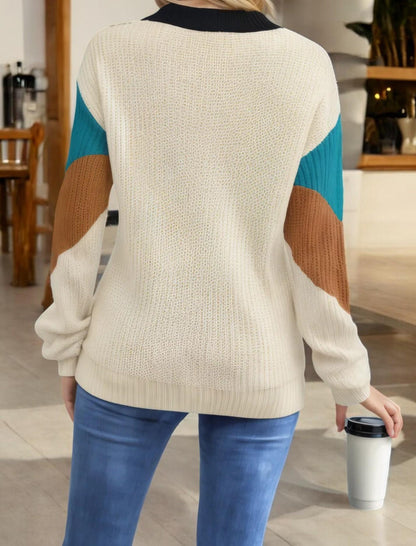 Colorblock Chevron Knit Sweater with Crew Neck