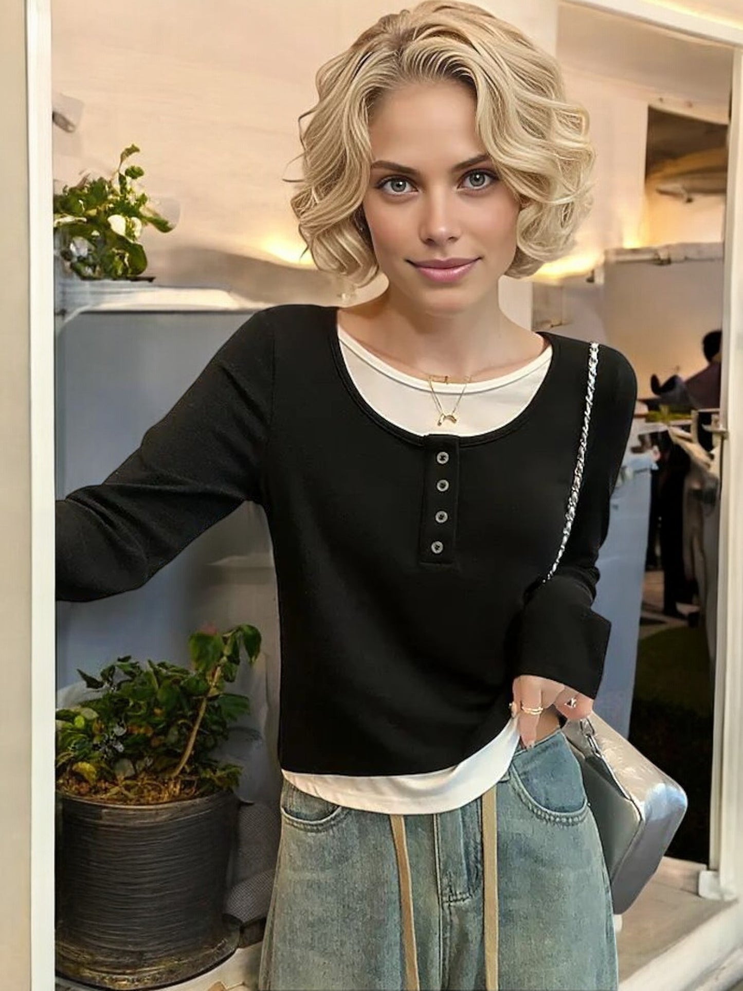 Layered Long Sleeve Henley Top with Scoop Neck and Button Detail