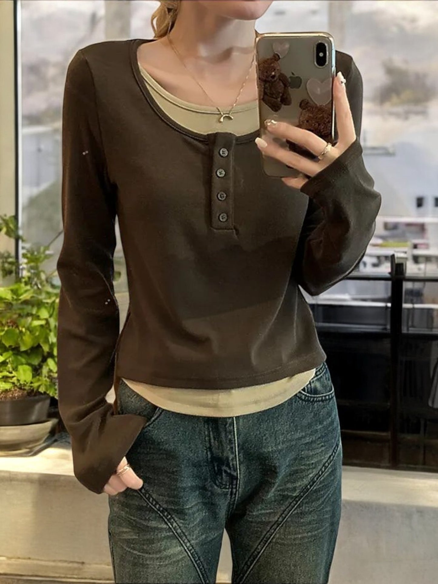 Layered Long Sleeve Henley Top with Scoop Neck and Button Detail