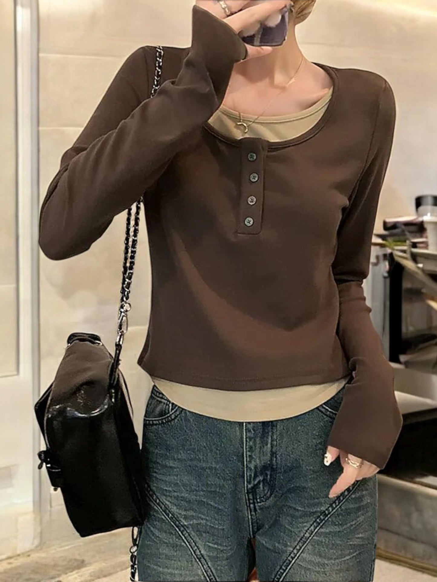 Layered Long Sleeve Henley Top with Scoop Neck and Button Detail