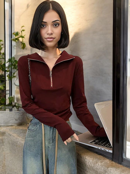 Half-Zip Long Sleeve Top with Stand Collar and Fitted Design