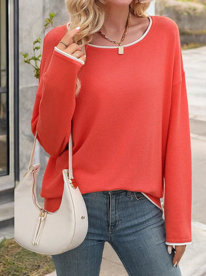 Long Sleeve Crewneck Top with Contrast Trim and Casual Fit