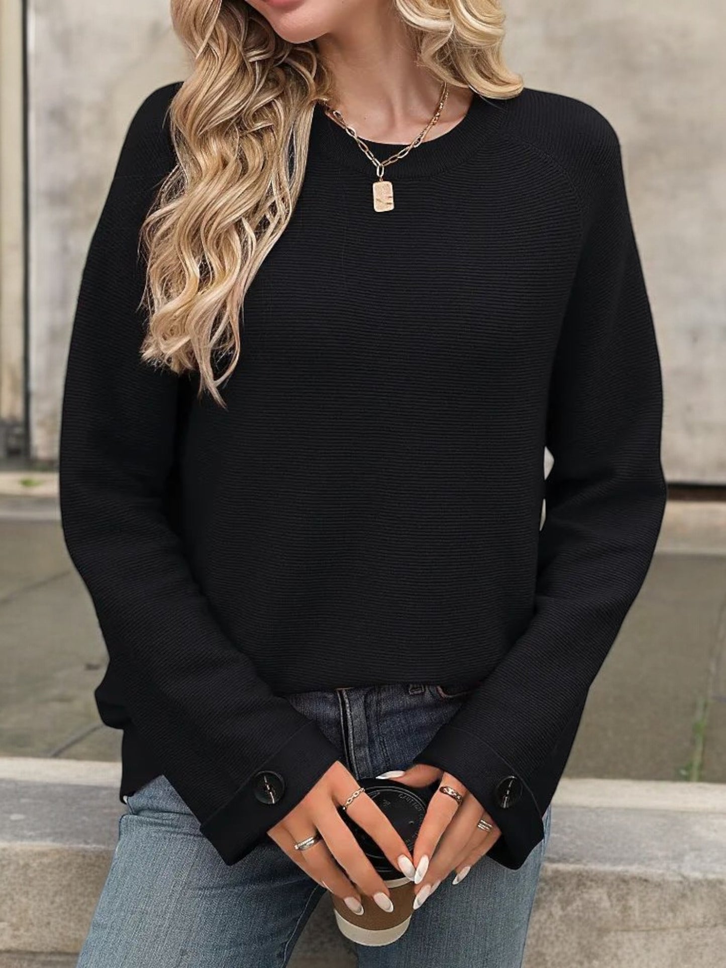 Classic Long Sleeve Crewneck Top with Button Cuff Detail