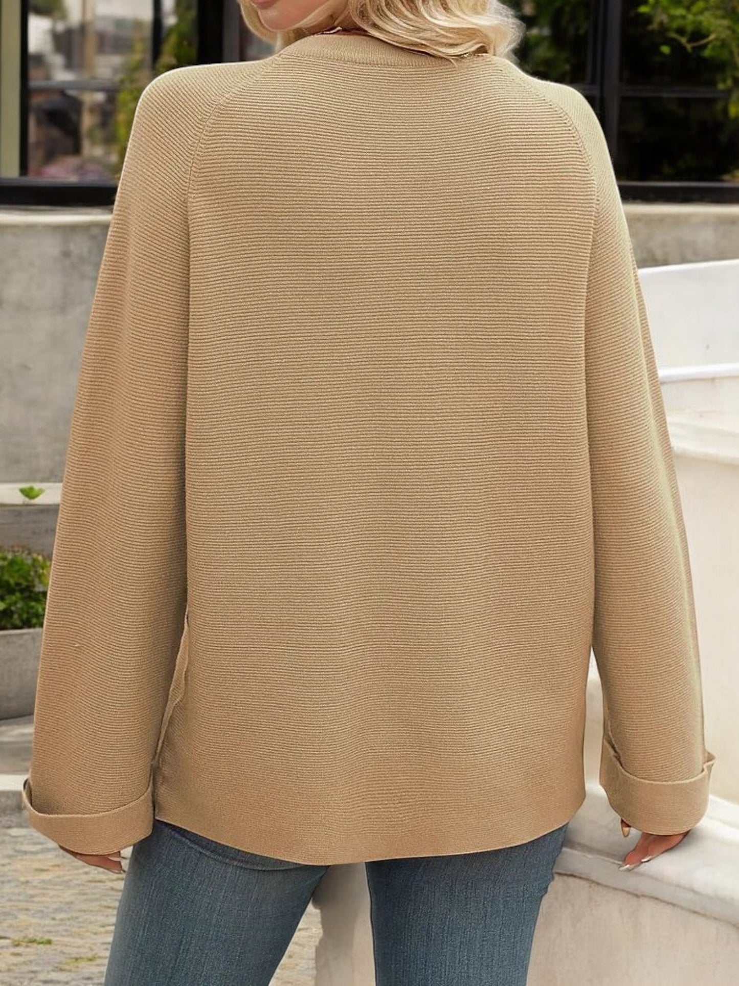 Classic Long Sleeve Crewneck Top with Button Cuff Detail