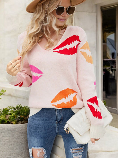 V-Neck Sweater with Lip Print Pattern and Oversized Fit