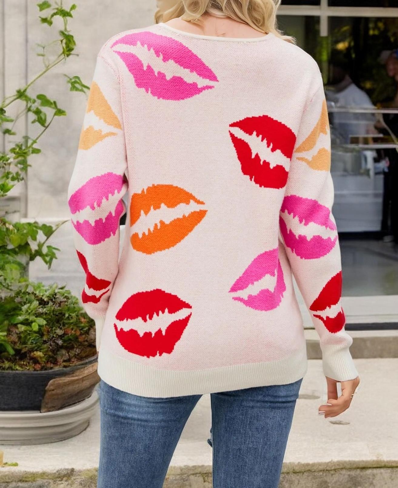 V-Neck Sweater with Lip Print Pattern and Oversized Fit