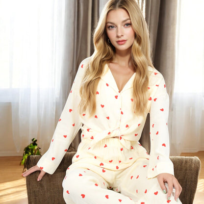 Anna-Kaci Women's Button-Up Pajama Set with Heart Print and Notched Collar