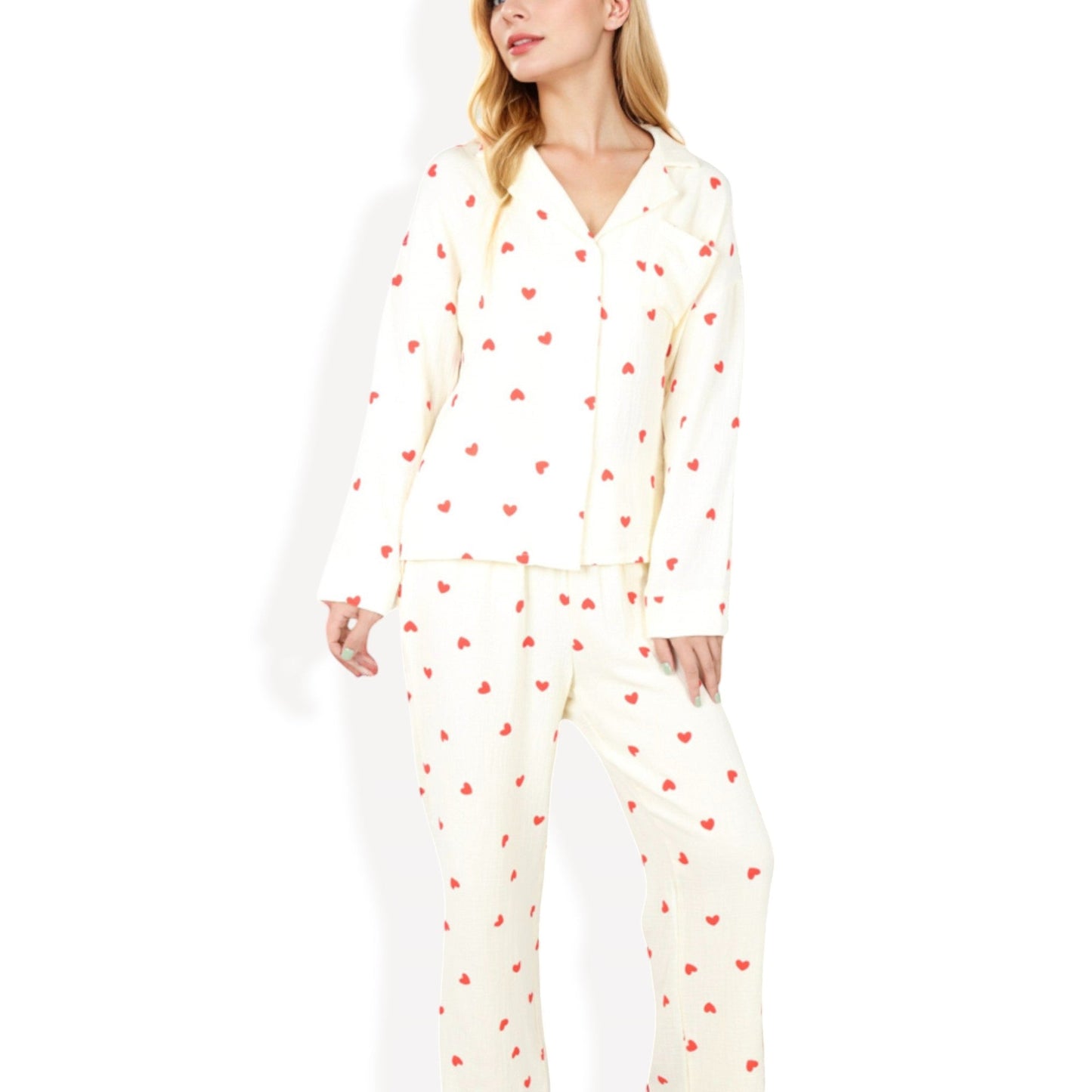 Anna-Kaci Women's Button-Up Pajama Set with Heart Print and Notched Collar