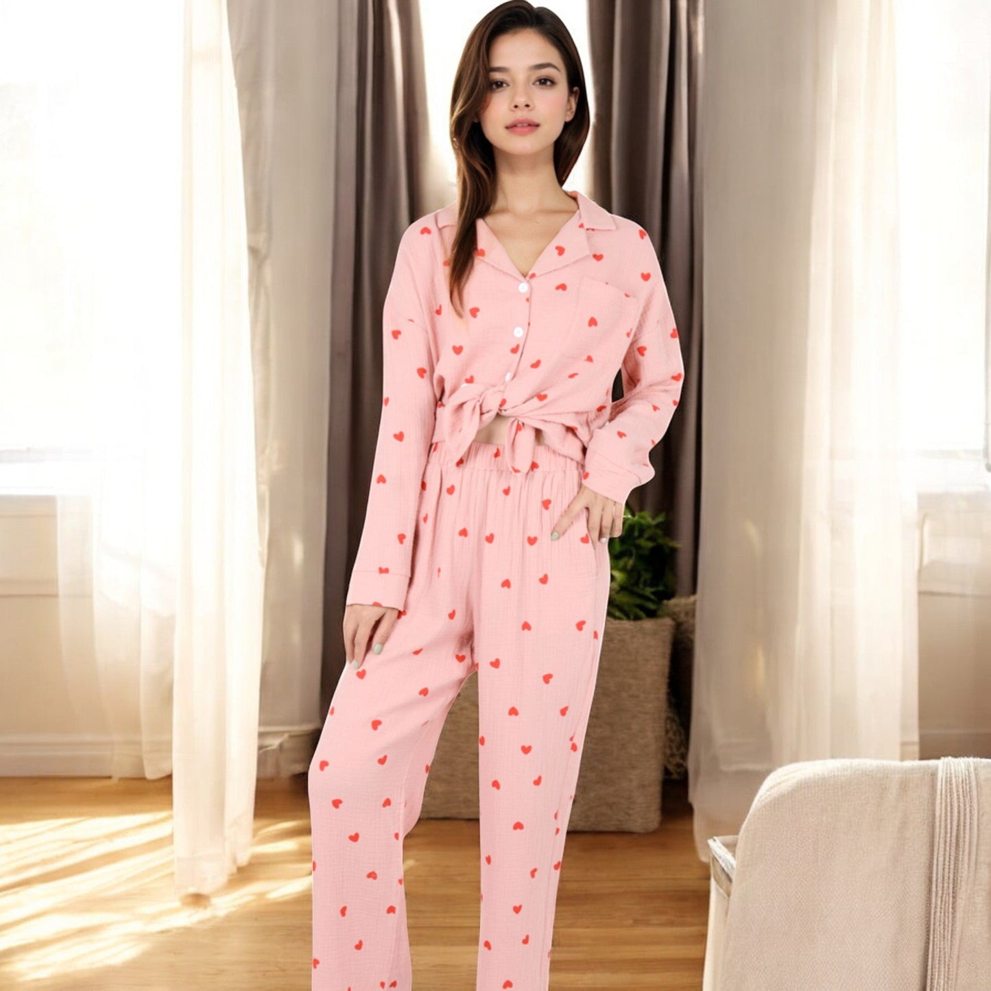 Anna-Kaci Women's Button-Up Pajama Set with Heart Print and Notched Collar