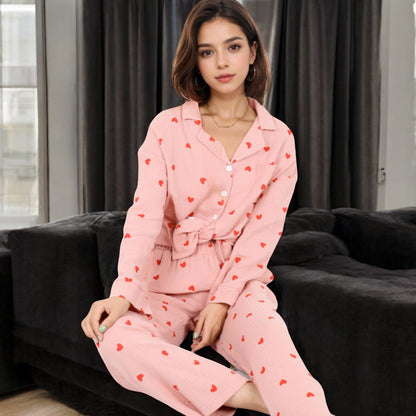 Anna-Kaci Women's Button-Up Pajama Set with Heart Print and Notched Collar