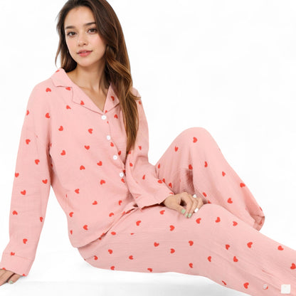 Anna-Kaci Women's Button-Up Pajama Set with Heart Print and Notched Collar