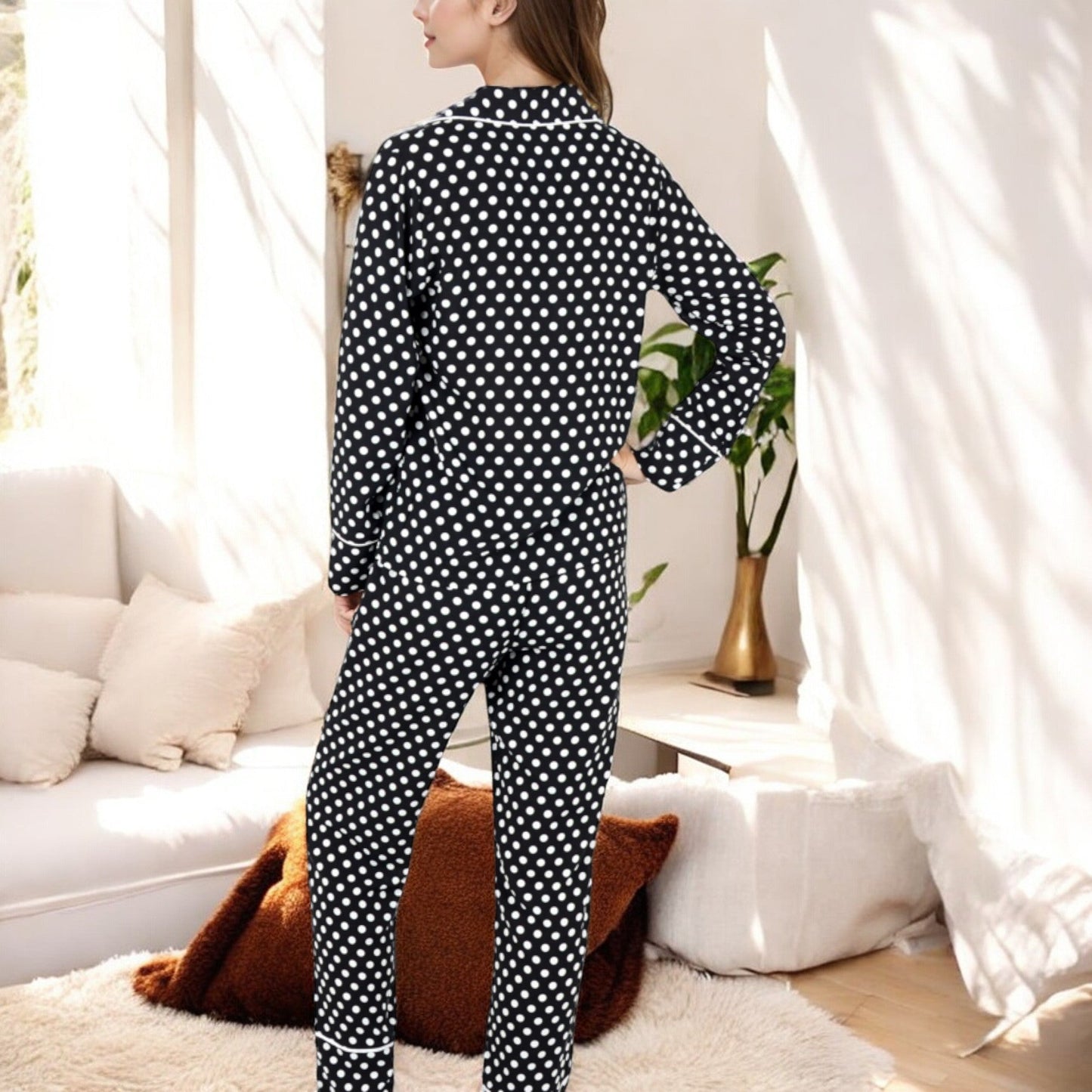 Anna-Kaci Women's Polka Dot Long Sleeve Pajama Set with Button-Up Top and Drawstring Pants