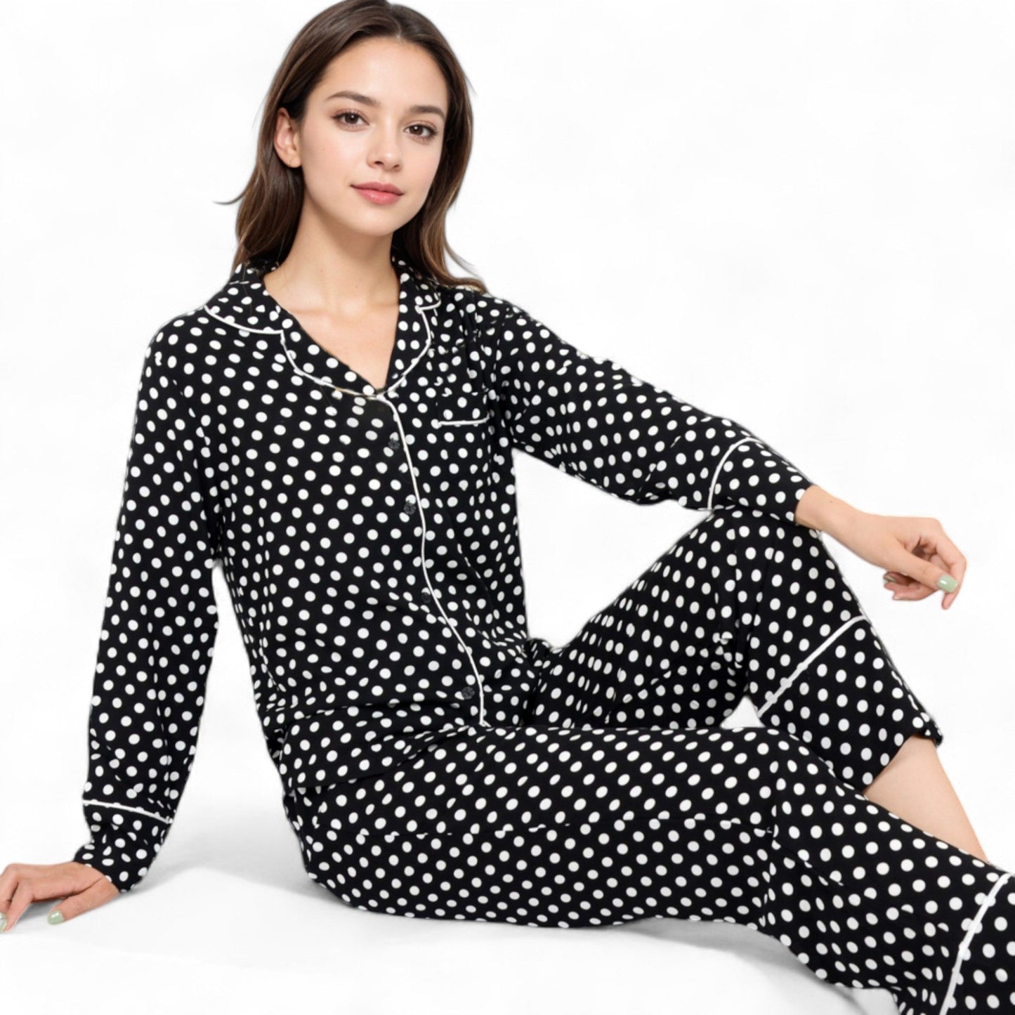 Anna-Kaci Women's Polka Dot Long Sleeve Pajama Set with Button-Up Top and Drawstring Pants