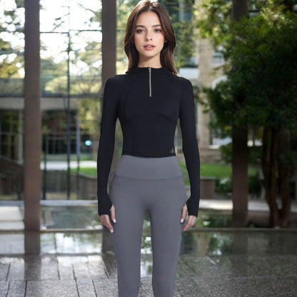 Anna-Kaci Women's Long Sleeve Half-Zip Compression Top with Contour Seams