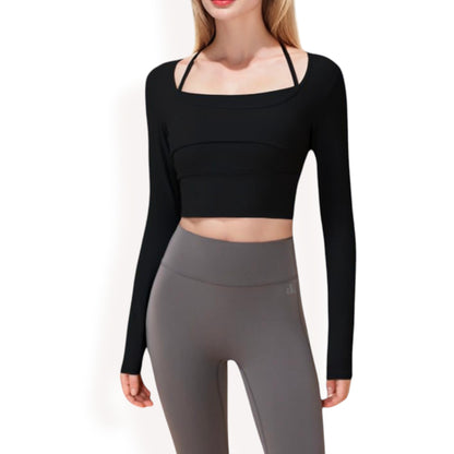 Anna-Kaci Women's Long Sleeve Square Neck Cropped Activewear Top with Fitted Design