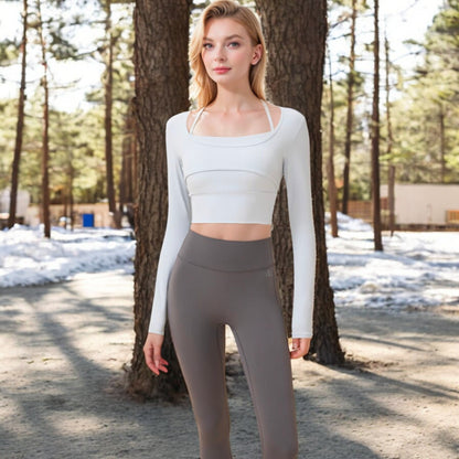 Anna-Kaci Women's Long Sleeve Square Neck Cropped Activewear Top with Fitted Design