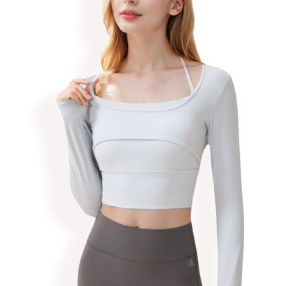 Anna-Kaci Women's Long Sleeve Square Neck Cropped Activewear Top with Fitted Design