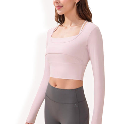 Anna-Kaci Women's Long Sleeve Square Neck Cropped Activewear Top with Fitted Design