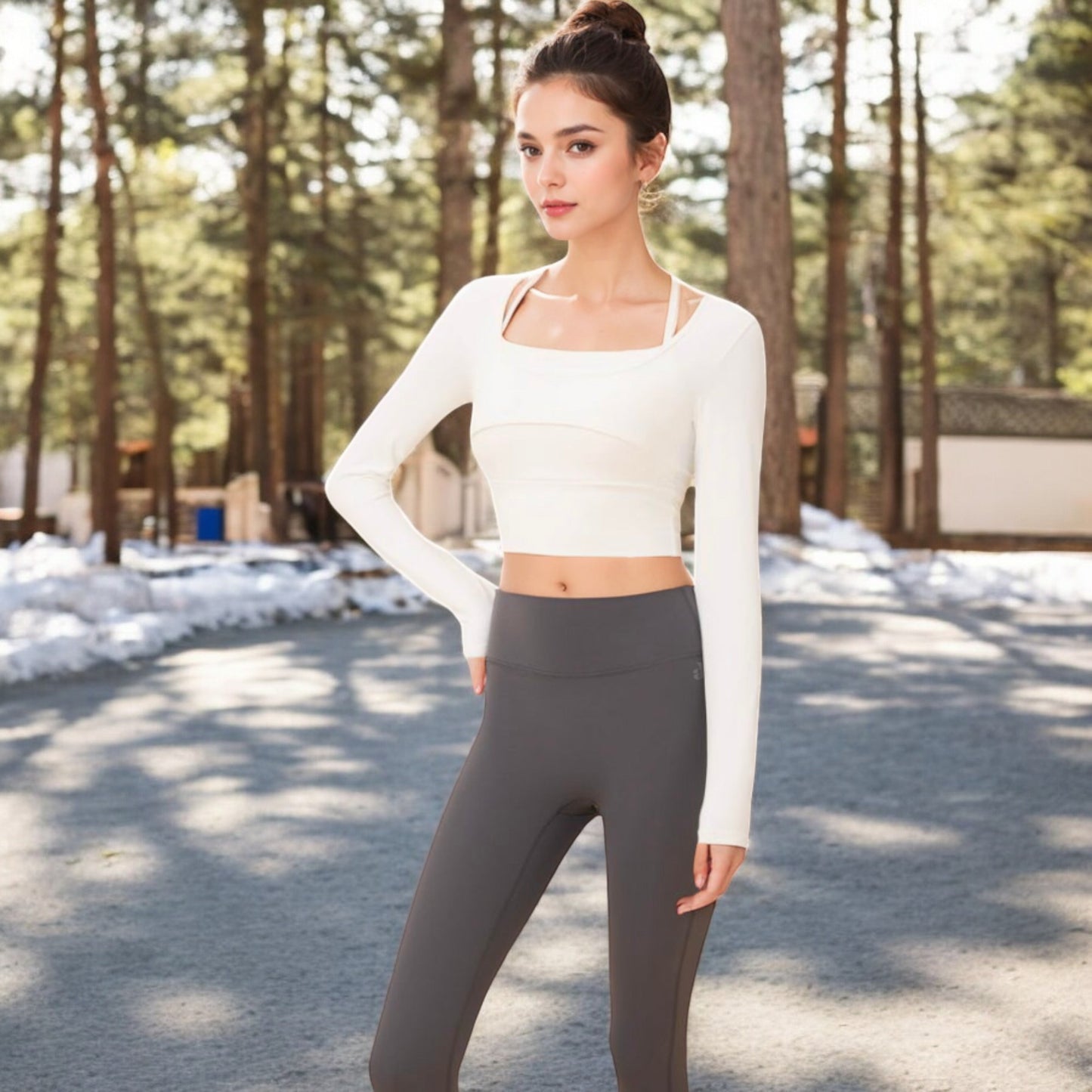 Anna-Kaci Women's Long Sleeve Square Neck Cropped Activewear Top with Fitted Design