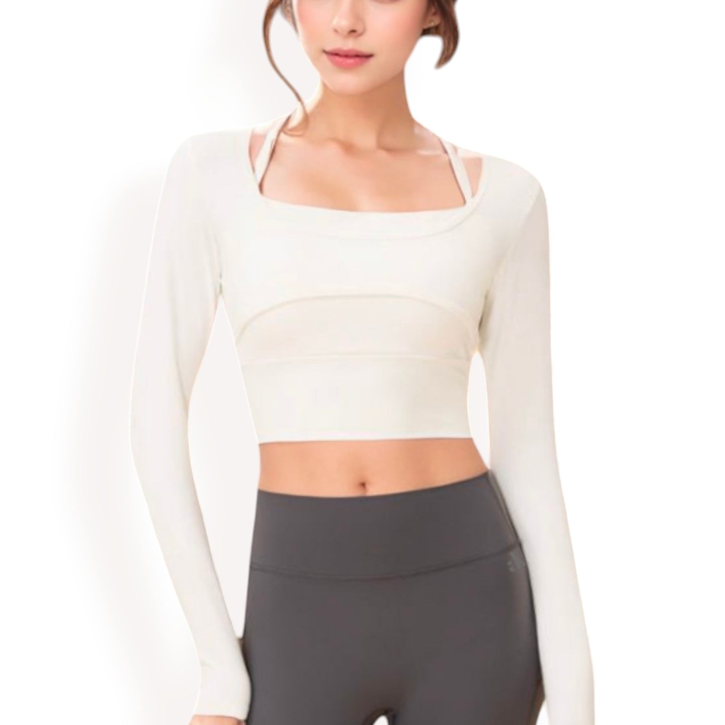 Anna-Kaci Women's Long Sleeve Square Neck Cropped Activewear Top with Fitted Design